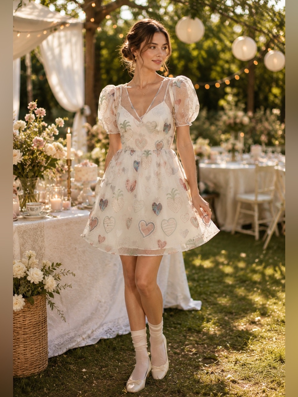 Farm Rio X Anthropologie Semi-Sheer Puff-Sleeve Dress